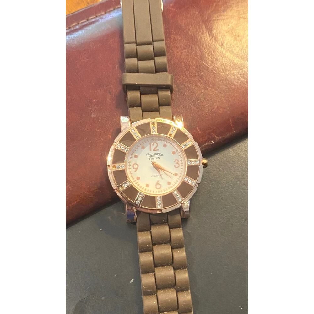 Women's 40mm Rose Gold tone Figaro Couture Watch, Crystal and Brown Enamel Accen